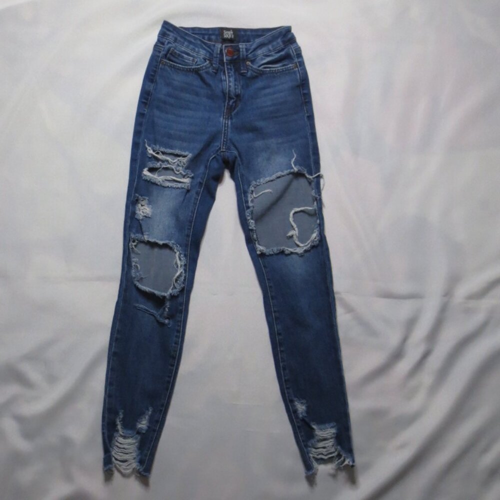 4/$14 SIMPLE SOCIETY womens JEANS blue DENIM distressed MID-RISE stretch SIZE 00
